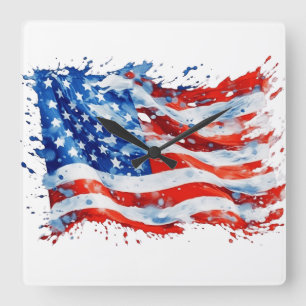 Amerikaanse Vlag USA Waterverf 4 juli Vierkante Klok