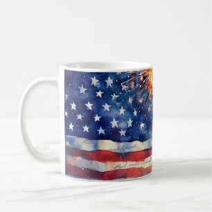 Amerikaanse vlag. Vuurwerk. Koffiemok