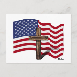 Amerikaanse vlag Waving and Rugged Cross Briefkaart