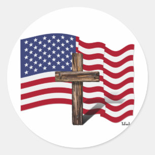 Amerikaanse vlag Waving and Rugged Cross Ronde Sticker