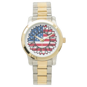 Amerikaanse vlag Zonnebloem-32222 Horloge