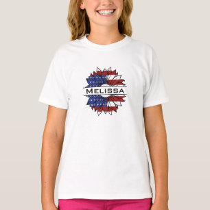 Amerikaanse vlag zonnebloem met naam meisje's t-shirt