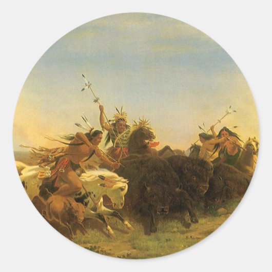 -Amerikaanse West Art, Buffalo Hunt van Wimar Ronde Sticker (Voorkant)