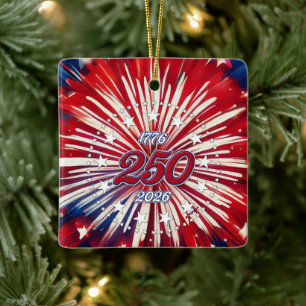 Amerika's 250e verjaardag 1776-2026 RWB-Vuurwerk Keramisch Ornament