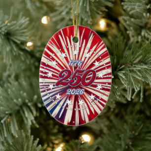 Amerika's 250e verjaardag 1776-2026 RWB-Vuurwerk Keramisch Ornament