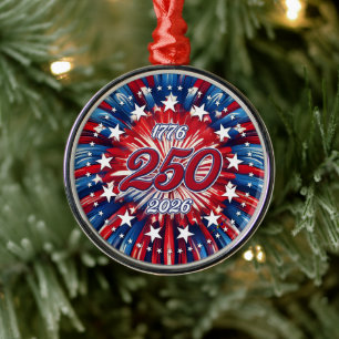 Amerika's 250e Verjaardag 1776-2026 RWB-Vuurwerk Metalen Ornament