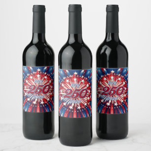 Amerika's 250e Verjaardag 1776-2026 RWB-Vuurwerk Wijn Etiket