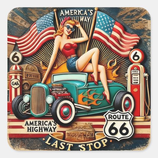 Amerika's Route 66 Vierkante Sticker (Voorkant)