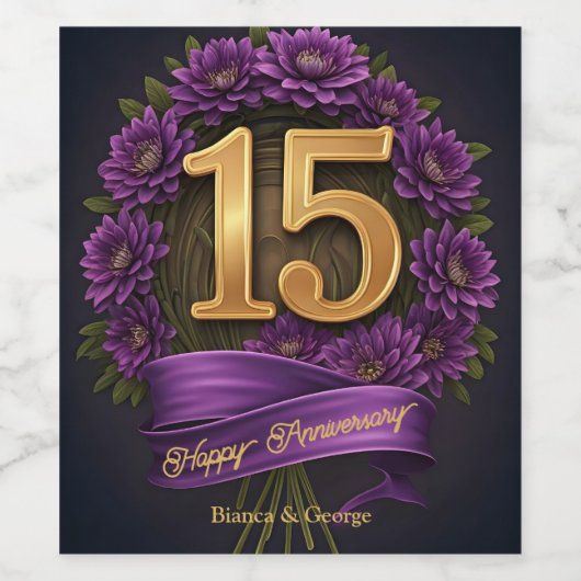 Amethist Chrysanthemum 15e bruiloft Jubileum Wijn Etiket (Enkel label)