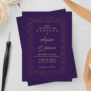 Amethist en Brons Confetti Bursts Bruiloft Kaart