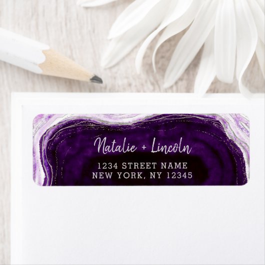 Amethist Paarse Geode Slice Bruiloft Retouradres Etiket (Insitu)