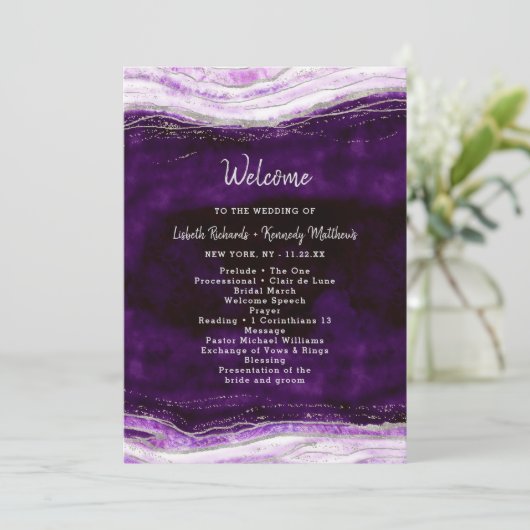 Amethist Paarse & Zilveren Geode huwelijksceremoni Programma (Staand voorkant)