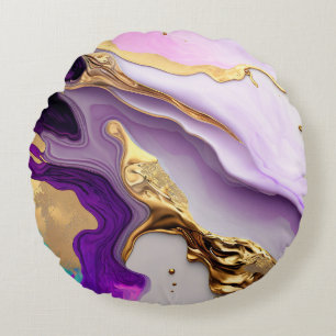 Amethyst & Blush Marmer met Vloeibaar Goud Rond Kussen