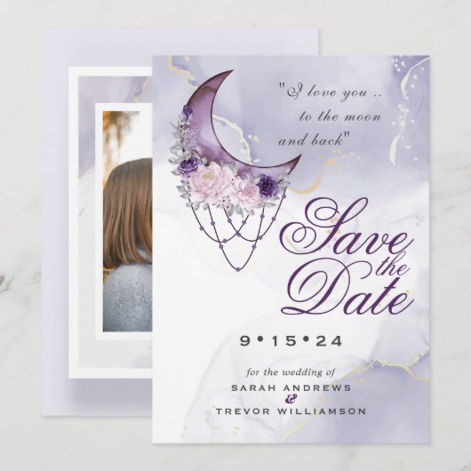 Amethyst Crescent Moon Photo Save the Date Kaart (Voorkant / Achterkant)