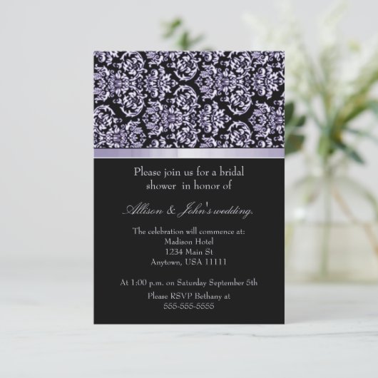 Amethyst Damask Ribbon Bridal Shower Invitation (Debout devant)