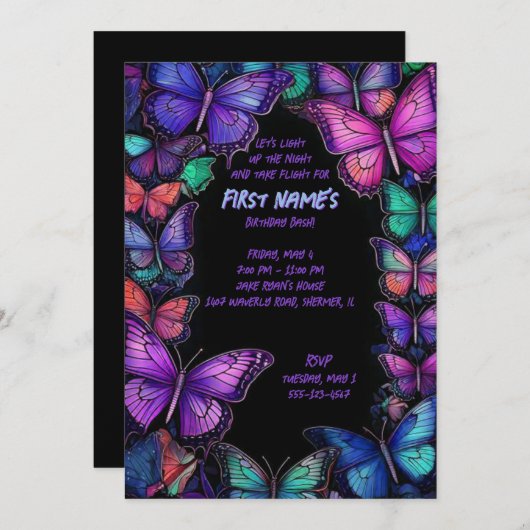 Amethyst foncé ailes Invitation d'anniversaire (Devant / Derrière)