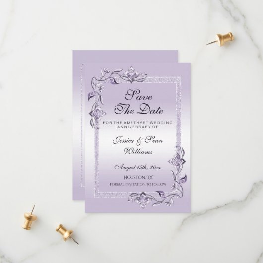 Amethyst Gem & Glitter 33rd Wedding Jubileum Save The Date (Voorkant / Achterkant in situ)