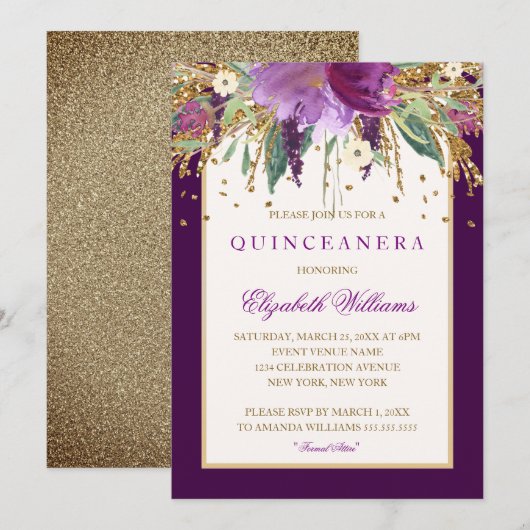 Améthyste Floral Violet Quinceanera Invitation (Devant / Derrière)