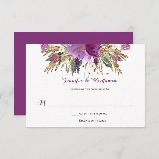 Améthyste mauve Aquarelle or Fleurs RSVP (Devant / Derrière)