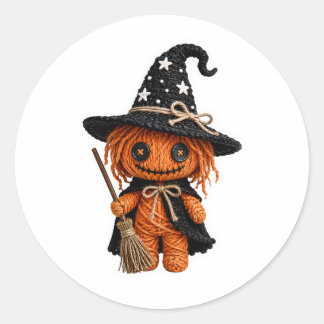 Amigurumi stijl genaaid pompoen heks met bezem ronde sticker
