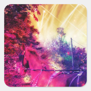 Amish Horse and Buggy Trippy Colorful Digital Art Vierkante Sticker
