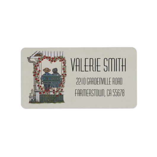 Amish paar op veranda schommel etiket (Voorkant)