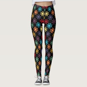 Amish Quilt Print Bright Colors op Black Pattered Leggings