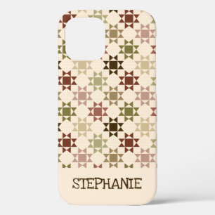 Amish Quilt Print Cream, bruin gepersonaliseerd iPhone 12 Pro Hoesje