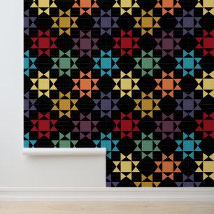 Amish Quilt Print Heldere kleuren op zwart Behang