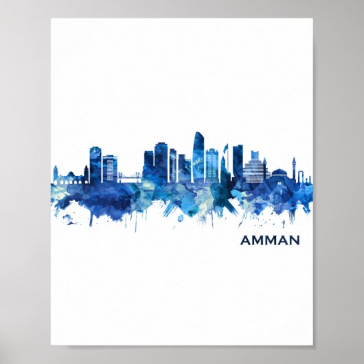 Amman Jordan Skyline Blue Poster (Voorkant)