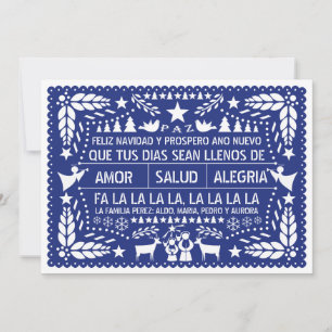 Amor, salud, blauwe Kerstmis van alegría papel Feestdagenkaart