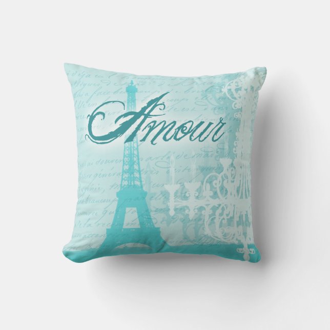 Amour Blue French Eiffel Tower Kussen (Voorkant)