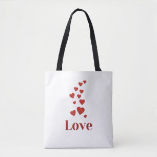 AMOUR, coeur rouge, sac fourre-tout blanc.