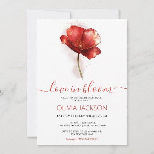 Amour en Fleur Rouge Floral nuptiale Invitation (Devant)