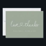Amour et Merci Mini script coeur photo vert<br><div class="desc">Express gratitude dans l'élégance moderne avec ce Carte de remerciements Mariage Love & Thanks Sage Green. Doté d'un arrière - plan sage apaisant, d'un script blanc chic et d'un détail de coeur, ce design allie simplicité et romantisme. Personnalisez avec vos noms, date mariage et message pour créer un souvenir intemporel...</div>