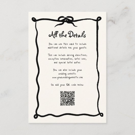Amour French Bow | Bruiloft Gast Details QR Code Informatiekaartje (Voorkant)