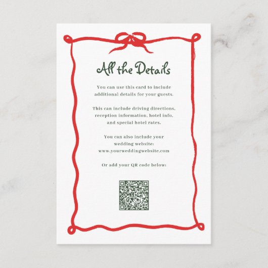 Amour Holiday Bow | Bruiloft Gast Details QR Code Informatiekaartje (Voorkant)