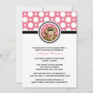 Amour Monkey Pink Polka Dot Baby Shower Invitation