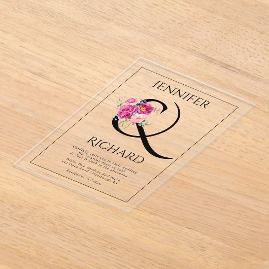 Ampersand en boeket van roze rozen bruiloft acryl uitnodigingen (Laagn)