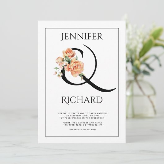 Ampersand en perzik pioenen QR bruiloft Kaart (Staand voorkant)