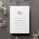 Ampersand Monogramme Enregistrer la carte de date<br><div class="desc">Simples et élégants enregistrer les cartes de dates avertir vos invités de votre prochain mariage dans un style intemporel. Les cartes blanches crêpes présentent vos initiales travaillées dans un design monogramme, jointes par une carte de script de calligraphie. "Enregistrer la date" apparaît en dessous, avec vos noms, date mariage et...</div>