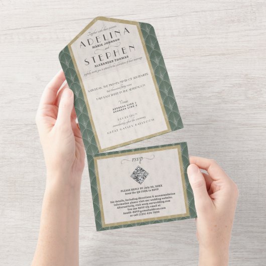 Ampersand  RSVP QR Code Art Nouveau Bruiloft All In One Uitnodiging (Afscheurbaar)