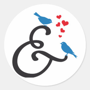 &, ampersand teken met blauwe vogels en rode harte ronde sticker