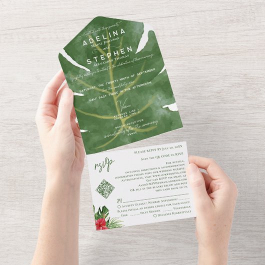 Ampersand Tropical Monstera Hibiscus RSVP QR Code All In One Uitnodiging (Afscheurbaar)