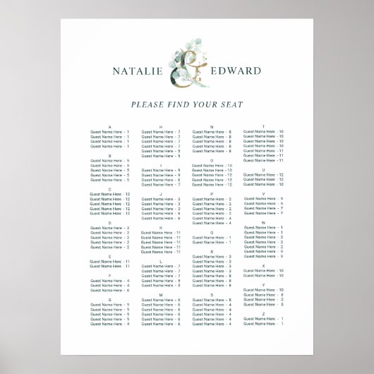 Ampersand Wedding ALPHABETICAL Order Seating Chart Poster (Voorkant)
