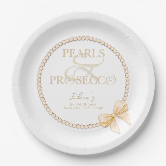 Ampersand White Pearls Prosecco Bow Vrijgezellenfe Papieren Bordje (Voorkant)