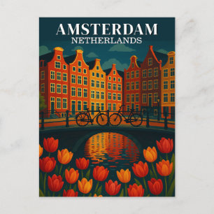Amsterdam bij nacht fietsen op brug bloemen briefkaart