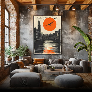 Amsterdam bij schemer - Minimalistische grachtrefl Poster
