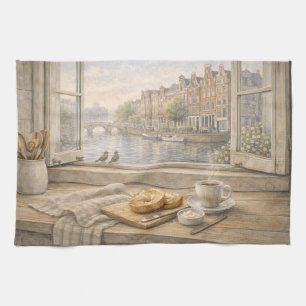 Amsterdam Gracht Keuken Waterverf met Ochtend Ci Theedoek