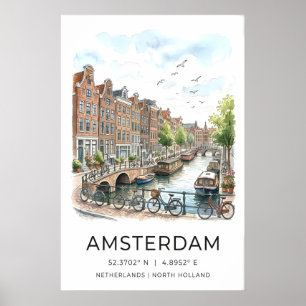 Amsterdam Gracht Kunstprint Aquarel Huizen en Poster